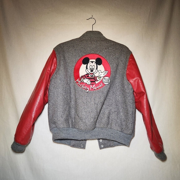 Disney Mickey Mouse Club Vintage Gray and Red Varsity Jacket Size M. Leather - Picture 1 of 6
